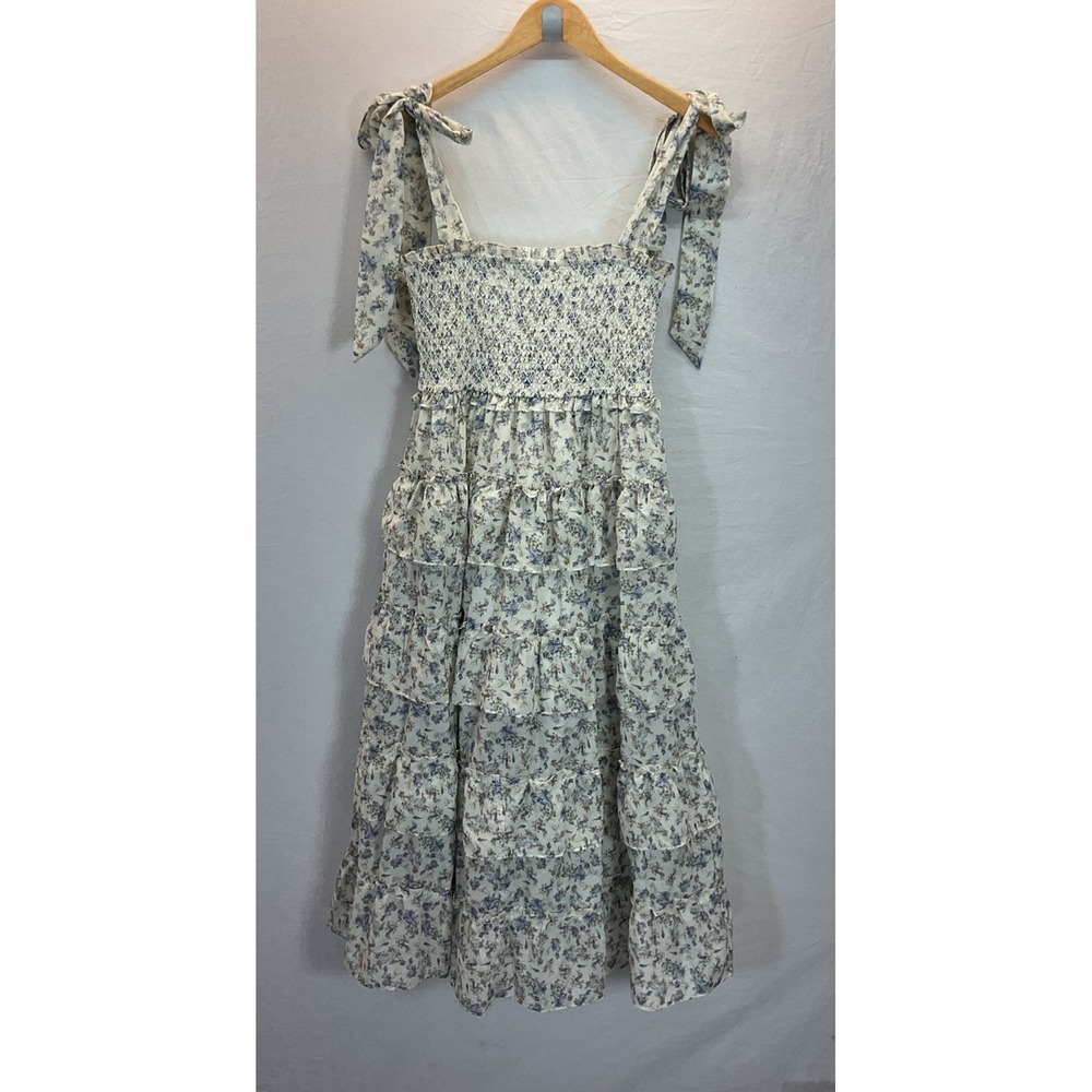 Sofie The Label Blue ditsy floral Smocked tie top tiered ruffled Maxi Dress M